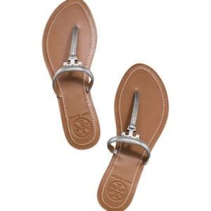 Tory Burch T-strap Patent Leather Sandals 7 Silver Tan